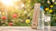© Pixim Stock - Thermometer showing high temperature outdoors on wooden table with refreshing cold water bottles and ice cubes glass reflecting bright sun summer heat outdoors blurred flowers and green leaves.