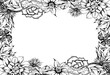 © Elena - Spiral echeveria, kalanchoe succulent rosettes, living stone lithops clusters and small daisy blossoms border edge frame. Isolated vector hand drawn in ink. Wedding invites, eco conscious stationery.