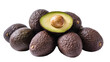 © Gabriela - Pile of ripe dark avocados, one cut in half showing pit and creamy flesh
