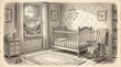 © NAYON89 - Vintage style nursery room illustration with baby crib and hanging mobile rocking chair illustration interior furniture childhood monochrome domestic residential peaceful