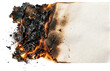 © Aether Io - Close up view of a burning piece of paper with flames licking at the edges and charred debris scattered across a white surface burning paper fire ash destruction damage heat combustion