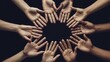 © Azman - Diverse human hands arranged in a circle symbolizing unity and global cooperation on a dark background, for community inclusion, and equality concepts, in modern society