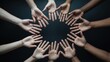© Azman - Diverse human hands arranged in a circle symbolizing unity and global cooperation on a dark background, for community inclusion, and equality concepts, in modern society