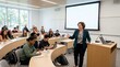 © Alva - A female professor lectures to a diverse group of university students in a modern, brightly lit classroom with large windows and a projector screen.