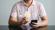 © Nazlen - Man giving feedback on mobile device with emoticon ratings icons floating above screen, expressing satisfaction or dissatisfaction with service or product, sitting at table with grey background.