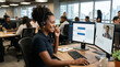 © DR Moura - Smiling woman with headset working in a modern office on a video call with a colleague