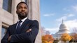© Air H - Confident professional businessman standing outdoors in formal suit with crossed arms near government building, corporate leadership portrait with civic architecture background