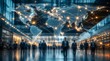 © Rhony - Global network connection map featuring business executives in modern office in the background.
