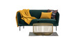 © Isabel - Green velvet sofa with yellow throw and pillows, gold coffee table