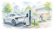 © Diamond Fuji - 青空が広がる駐車場で充電スタンドに接続され充電中の白い電気自動車