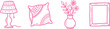 © Nayem - Set of cute home decor elements featuring a lamp decorative pillow vase with flowers and picture frame in a simple hand drawn pink outline style