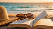 © NikProArt - Open book and sunglasses resting on a straw hat at the beach during sunset.