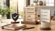 © Kufis Studio - Business ethics and compliance concept with stacked wooden blocks, protective shield and integrity sign on bright office desk with coffee