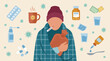 © Pixelmania - Illustration of a sick person with cold and flu symptoms and remedies