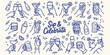 © Ishtiaq - Doodle hands holding cocktail glasses and beer mugs toasting during a festive celebration with citrus slices and cherries