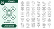 © xirazend - Tech Interaction, Outline Vector Icons. Editable Stroke Icons Set. network collaboration, user synchronization, cable, video conference, device connection, flash drive, system integration and more.