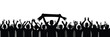 © AYAT - Crowd of cheering people silhouettes with scarves, happy football fans celebrating together, black vector illustration for sports events, concerts, festivals, and supporter themes.