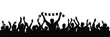 © AYAT - Crowd of cheering people silhouettes with scarves, happy football fans celebrating together, black vector illustration for sports events, concerts, festivals, and supporter themes.