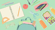© Pixelmania - Back to School supplies and healthy lunch flat lay on green background