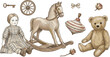 © MdAmzad - Vintage antique toys vector illustration set with rocking horse porcelain doll teddy bear and spinning top.Vintage antique toys vector illustration