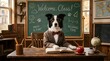 © Anwar - A border collie dog dressed as a teacher sitting at a desk in a classroom