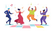 © Ahsan - Diverse group of people in formal and casual attire dancing joyfully together on a colorful dance floor with musical notes in the air.