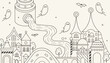 © Miss - Fantasy castle, medieval landscape, whimsical illustration, black and white vector