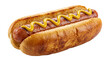 © Png ProTeam - Delicious hot dog with sausage and mustard in a bun, isolated on transparent background, fast food, unhealthy eating, street food, picnic snack, grilled meat, savory meal, studio shot.