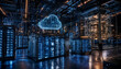 © Ashiqur - Advanced server room interior featuring high-performance computing hardware and glowing holographic cloud icon technology computing infrastructure hardware communication internet