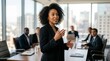 © Funster - Successful businesswoman presenting corporate ideas and strategic growth plans in a professional boardroom setting.