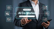 © Top seller  - Man typing on laptop with virtual AI coworker digital assistant interface screen
