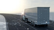 © MOTION ARF - Rear view of white semi truck on highway road with glowing plexus network graphics, smart logistics and fleet management.