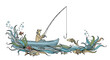 © Reginald - Classic engraving style illustration depicts a fisherman in a conical hat fishing from a boat in a sea full of colorful fish and seaweed.