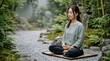 © arya - Peaceful asian female meditating cross-legged on straw mat, serene outdoor shot capturing tranquil green zen garden for lifestyle wellness concepts.