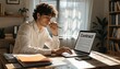 © Rohan - A professional reviews a contract on a laptop at a sunlit home office desk, fitting legal services, remote work, business agreements, or freelancing.