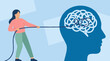 © Graphixel - Woman untangling messy thoughts from brain, mental clarity concept