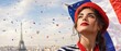 © Margarita Ratatosk - Woman wearing red beret celebrating Bastille Day in Paris with confetti raining. French flag and Eiffel Tower in background. Banner with copy space