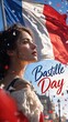© Margarita Ratatosk - Woman looking at waving French flag during Bastille Day celebration. Citizen celebrating national holiday in Paris with confetti. Patriotic concept for historical event in France.