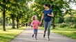 © VideoHub - Parent and child running in a family bond and playful park scene. This active movement togetherness features happy people and