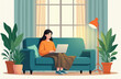 © Vadym - Young woman works on laptop from cozy couch, wrapped in blanket. Home office setting with plants, warm lamp light. Peaceful remote work ambiance, comfortable lounge space. Minimalist interior decor