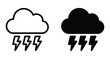 © Vintage Stock - Storm cloud with lightning bolts icon set in outline and solid black style for weather forecast and meteorology design projects