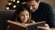 © Maryna - Father reads story to daughter on sofa. Warm light illuminates cosy living room scene. Child listens attentively smiles, enjoys shared moment. Family bonding time promotes literacy learning. Portrait