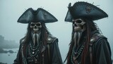 Mysterious pirate skeletons in foggy coastal gloom