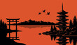 © Sadek - Traditional Japanese Landscape Vector Illustration Featuring a Majestic Pagoda, Torii Gate, Scenic Mountains, and Flying Cranes at Sunset - Minimalist Zen Background for Asian Culture