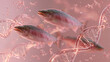 © Olga Ко - conceptual 3D render of salmon fish swimming among glowing glass DNA helices and molecules on a pink background. PDRN anti-aging skincare and marine biotechnology concept