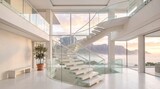 Modern Luxury Home Interior Featuring White Spiral Staircase and Large Windows with Scenic Mountain View at Sunset