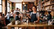 © tangmo.pa - Smiling female barista serving a fresh latte at a cozy specialty coffee shop.