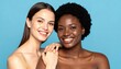 © nanskyblack - Body positive women smiling on blue background, self-confidence, diversity and empowerment, positive lifestyle concept