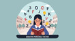 © Putri - Young student reading a book with letters and numbers floating around.