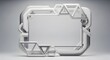 © M Graphix Zone - Clean white background with an empty rectangular frame surrounded by modern abstract geometric shapes made of metal or plastic with elegant shadows.
